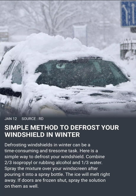 Recipe to Make your own De-icer which is good for Windshields or To De-Ice  a Frozen Keyhole - 9GAG
