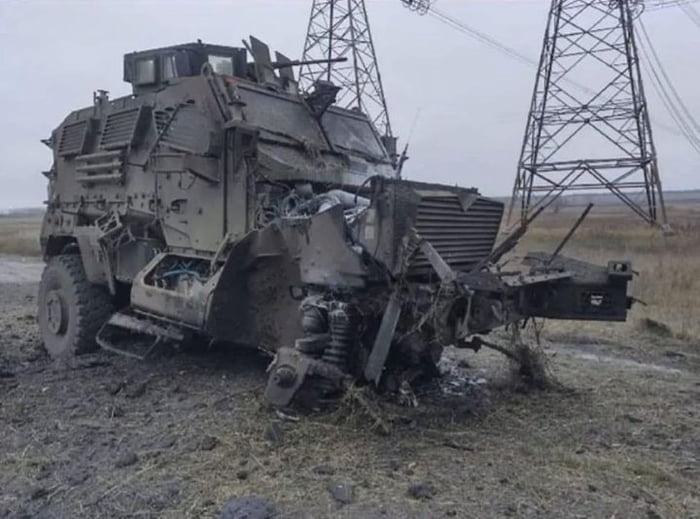 U.S.-provided MaxxPro AFV after running over a Russian mine in southern Ukraine, no casualties among the crew