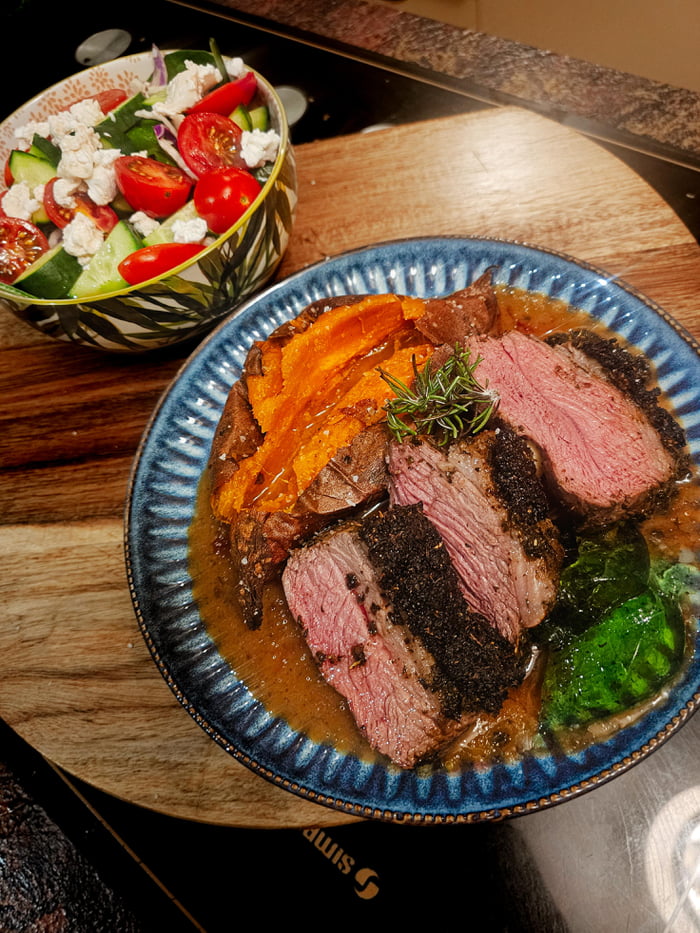 Herb crusted roast lamb and buttery sweet potato, pan dripping gravy