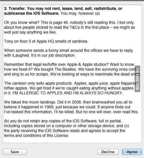 On page 46 of iOS 7 terms and conditions - 9GAG