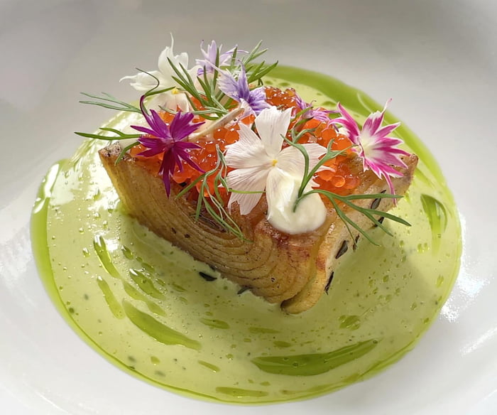 Potato Millefeuille, Creme Fraiche, Trout Roe & Parsley Curry Sauce 9GAG
