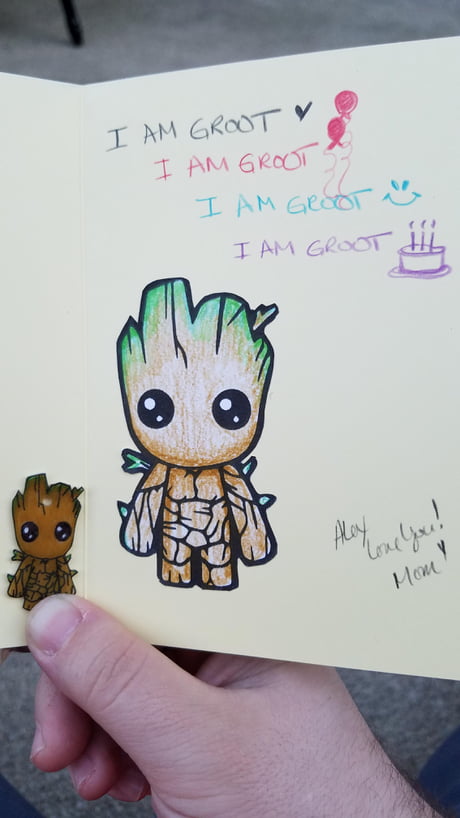 Birthday card and Groot charm my mom made for my birthday