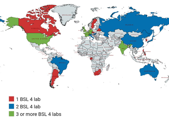 Maps of BSL 4 labs around the world, aka labs which contain contagious