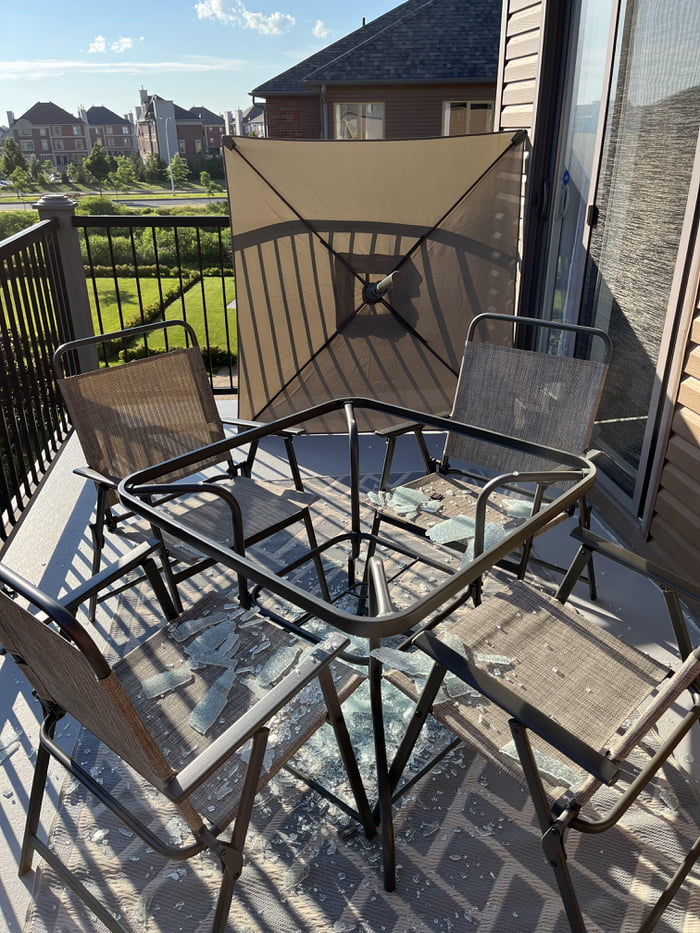 10mins after installing a new Patio Table, the wind blew the umbrella