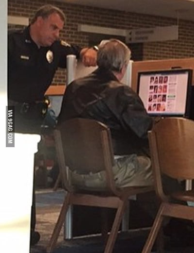 Cop catches old guy looking at porn in the university library - 9GAG