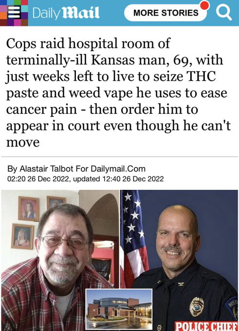 Cops raid hospital room of terminally-ill Kansas man, 69, with just weeks left to live to seize THC paste and weed vape he uses to ease cancer pain