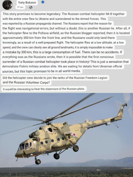 For the first time in Russian history, a military helicopter with a crew and weapons flew in and surrendered to Ukraine, 300 km deep into Ukraine along a prearranged route