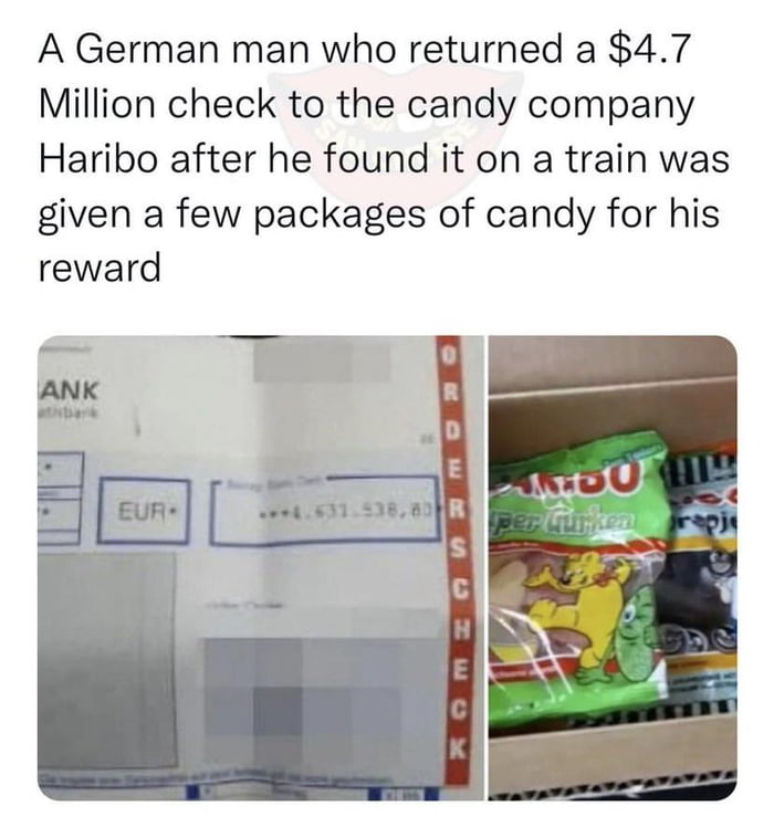 German man returns $4.7 million check to company receives a few packs of candy in return