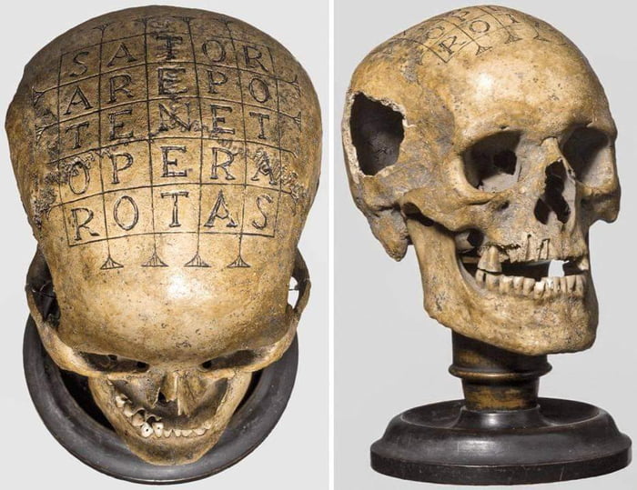 A 16th century German \u2018oath skull\u2019 engraved with the \u2018magical\u2019 Roman \u2018Sator square\u2019, comprising the words SATOR, AREPO, TENET, OPERA, ROTAS.