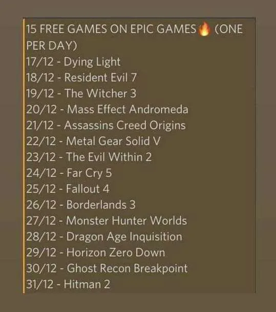 15 Days of free games on Epic Games store. Starting Dec. 17 : r