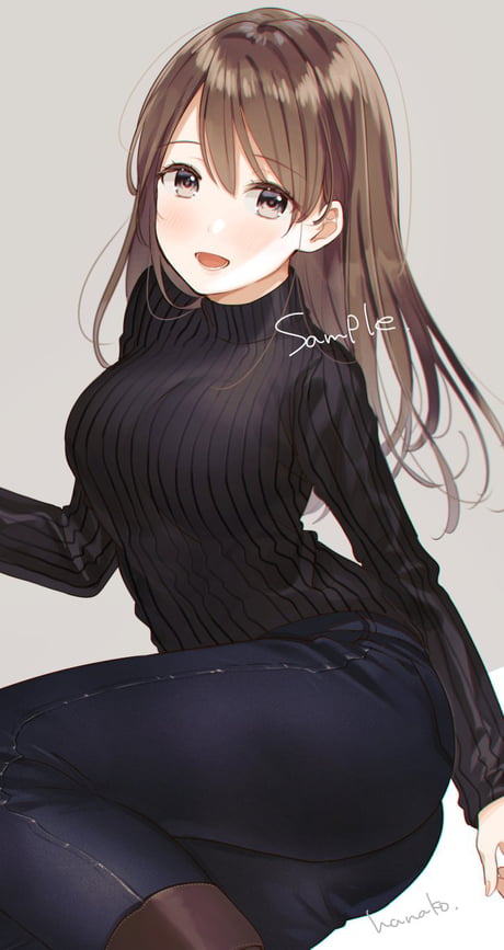 Original woman character with brown hair, wearing a large tan turtleneck  sweater, and jeans with a leather belt. anime style on Craiyon
