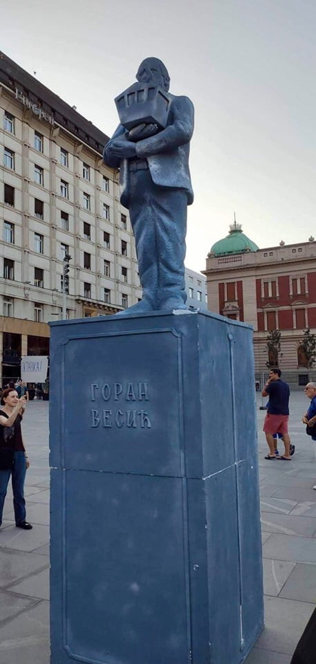 In Belgrade/Serbia, people frustrated by the destruction of the city’s streets and monumets by mayor deputy Goran Vesic, built him a statue, mocking him, and placed in in a newly renovated city center witch they hate