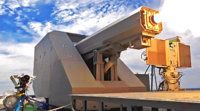Railgun turret aboard the Japanese warship JS Asuka. Projectile velocity 8 km/s.