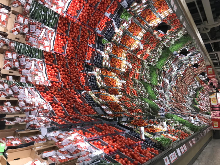 Swedish grocery store with angled mirrors above the produce. Throws you off at first glance