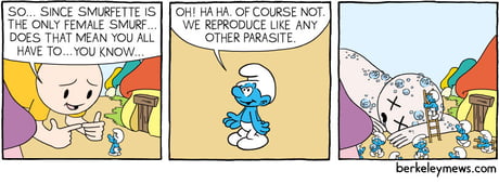 OH! HA HA. OF COURSE NOT. WE REPRODUCE LIKE ANY OTHER PARASITE. SO SINCE  SMURFETTE IS THE ONLY FEMALE SMURF DOES THAT MEAN YOU ALL HAVE TO YOU  KNOW - iFunny