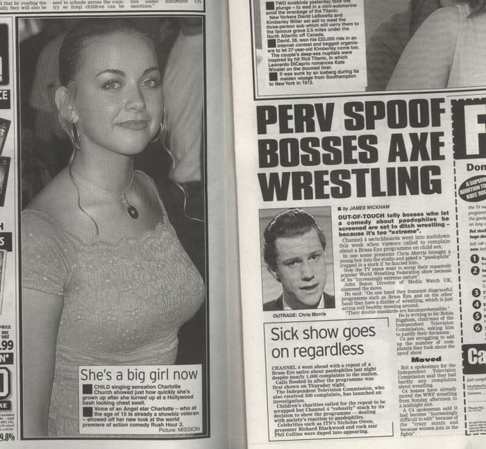 On the left a newspaper lusts over a 15 year old Charlotte Church, on the exact opposite page the same paper decry's Brass Eye's Paedogeddon