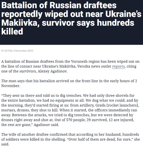 Russia formed an entire battalion of nothing but draftees and send them to the frontline with 3 shovels to dig trenches. Hundreds are said to have died within 24 hours.