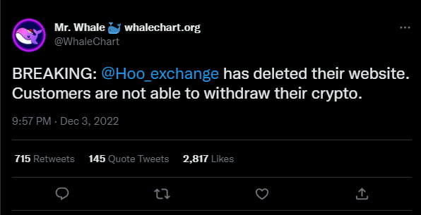 Crypto Exchange deletes websites