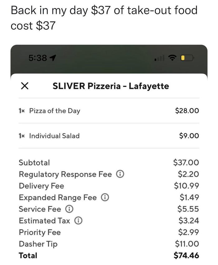 The insane cost of a pizza plus salad when fees are included