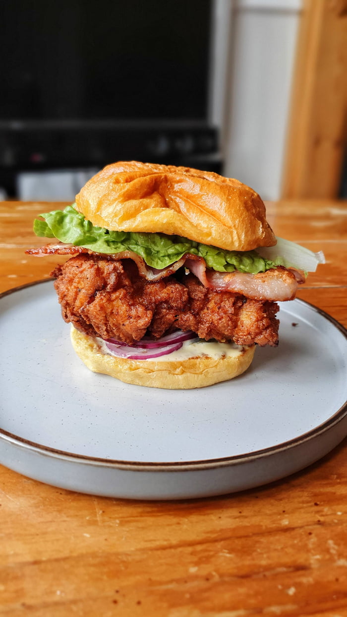 Buttermilk Fried Chicken Burger, with peanut butter, smoked bacon, and