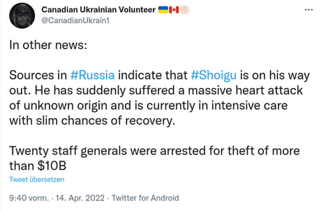 The invasion of Ukraine has been only a fact-finding mission? Btw, the commander of the Black Sea Fleet of the Russian Armed Forces, Admiral Igor Osipov, was arrested.