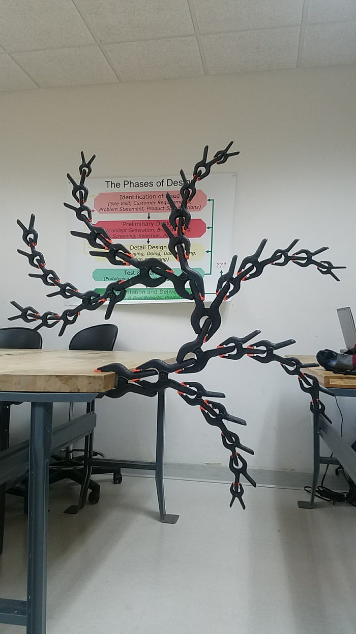 Created a sculpture of clamps held to the table with a single clamp