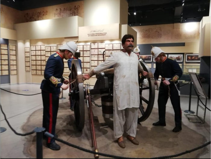 Wax figurines from the history museum of Lahore, show an Indian man being executed by cannon, by British empire soldiers.