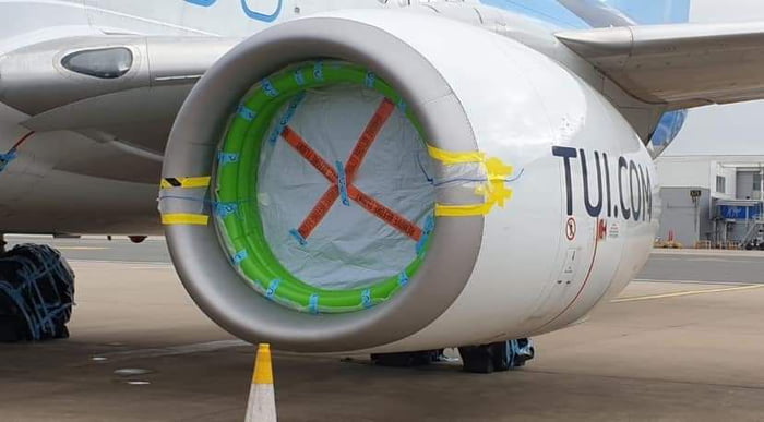 Aircraft currently in long-term storage require engine blanks for preservation.A set of these blanks runs at just under $10,000 from the manufacturer. Amanager at TUI bought a bunch of plastic paddling pools for€4.99 each. They're the perfect diameter and do the job just as well