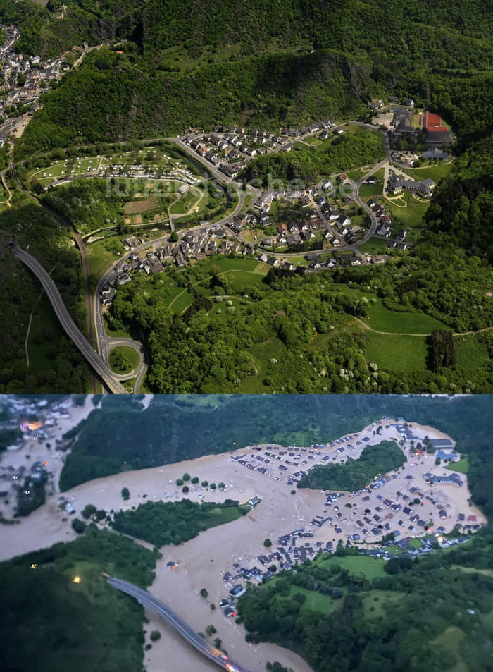 Germany experienced record breaking flashfloods yesterday with at least 20 dead and many still missing. The upper and lower image are depicting the same village before and during the flood.