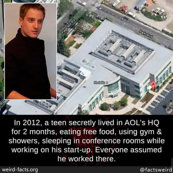 Madlad lives in AOL's HQ for months while working on his own startup!