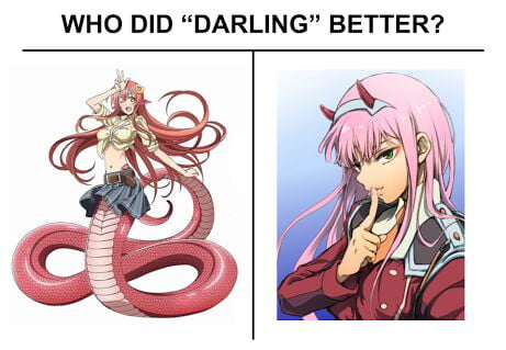 When girls have the iniciative. Im a little biased with 02 just because of the voice actress Sauces: Monster Musume / Darling in the franxx