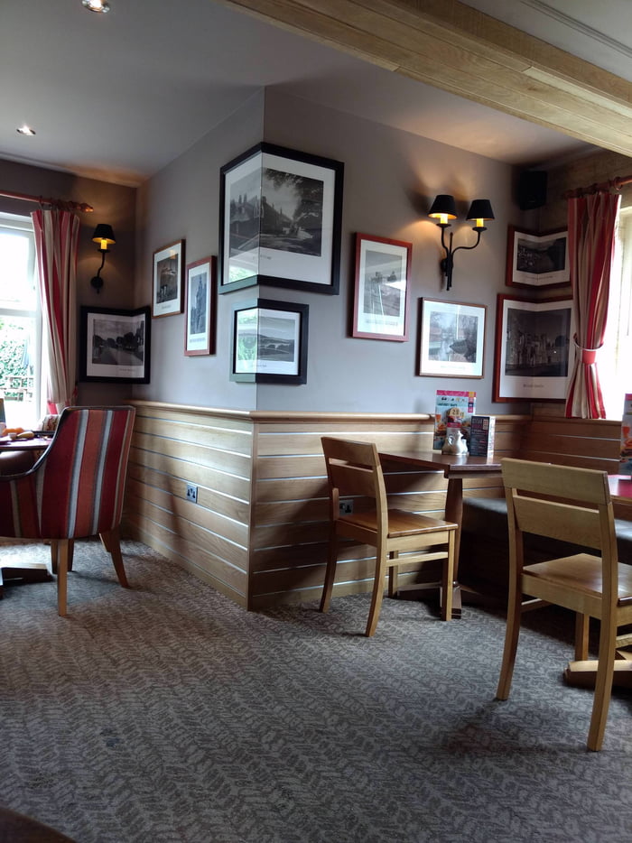 This diner has pictures around corners