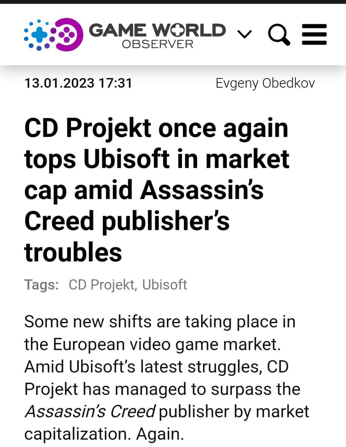 CD Projekt is once again the biggest publisher in Europe after Ubisoft's latest struggles. 9GAG