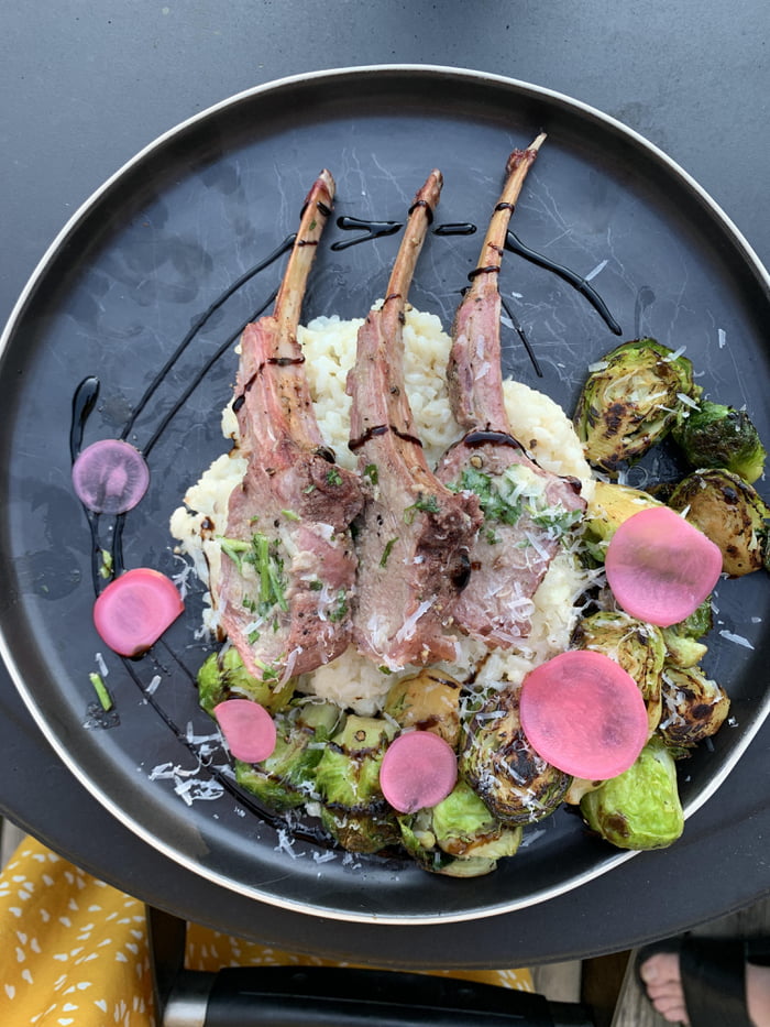 Smoked Lamb Chops, Parmesan Risotto, and Panfried Brussel Sprouts. 9GAG