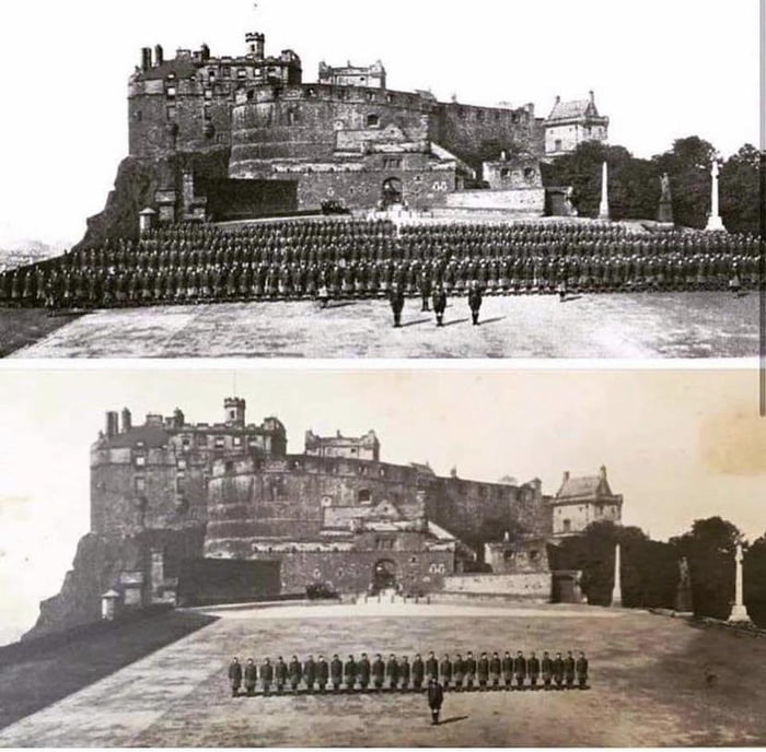 Above is a battalion of the Cameron Highlanders in 1914, prior to being dispatched to the front line; below is the same battalion upon their return in 1918 after the armistice