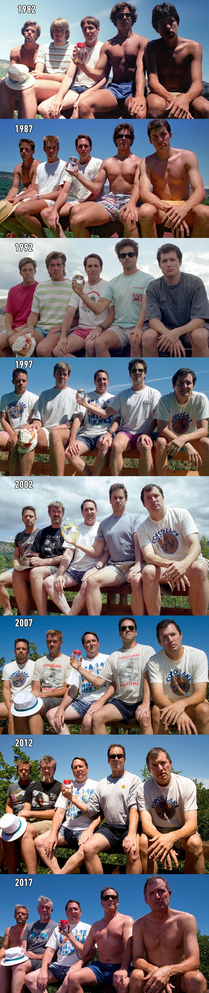 Five high school buddies take the same photo for 35 years... friends for lifetime