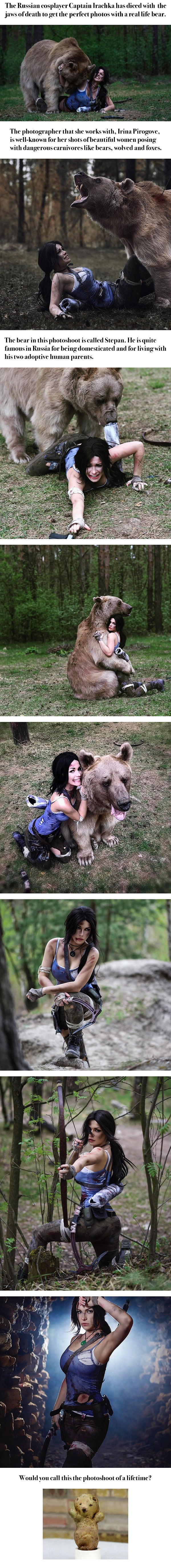 Lara Croft Cosplayer Poses With Actual, Giant Bear!