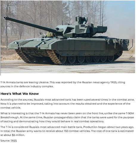 Russia has officially announced the withdrawal from Ukraine of the most advanced T-14 Armata tanks worth $5 million, which no one has ever seen on the battlefield