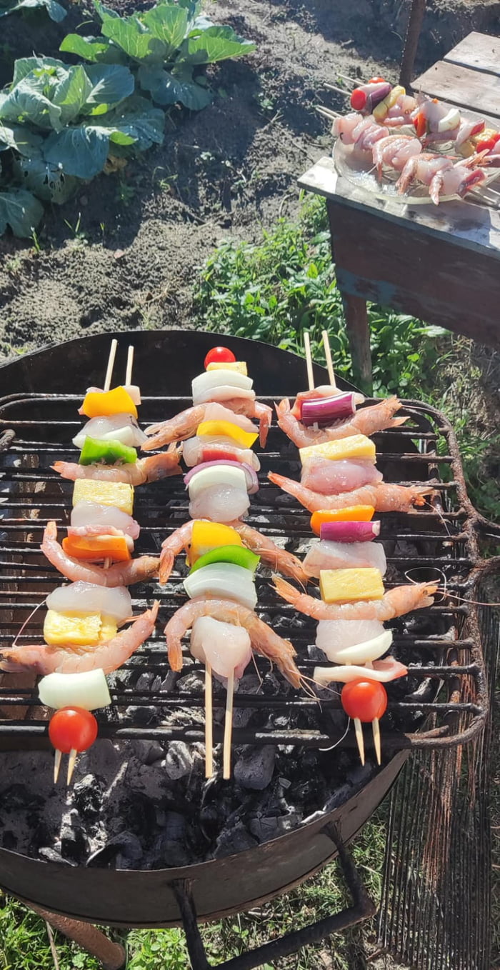 Time 4 bbq monkfish shrimp skewers - 9GAG