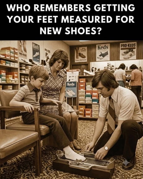 The post features a nostalgic, sepia-toned image of a young boy getting his feet measured at a shoe store, a common experience for many generations in the mid-to-late 20th century. The text overlay asks if the viewers remember this experience. It aims to evoke nostalgia and a sense of shared cultural experience regarding childhood rituals.