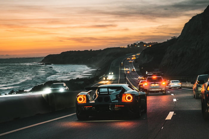 Ford GT taking on sunset on the California coast.