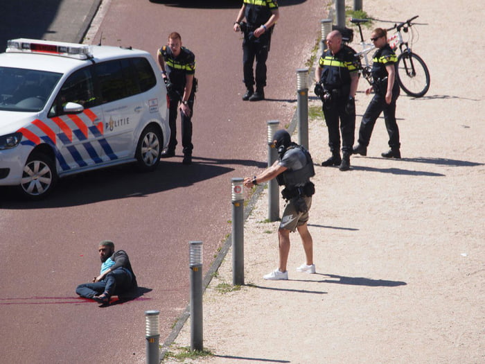 Allahu Akhbar shouting man stabs 3 people on Liberation Day in The Netherlands, special unit neutralizes man by shooting him through the legs.