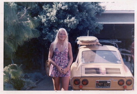 A surfer and her Fiat 850, California, 1974