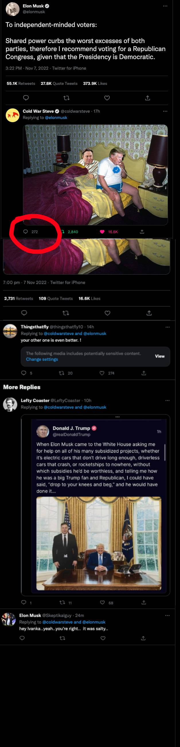 Musk hiding Tweets that offend him. 240 replies, only shows 3