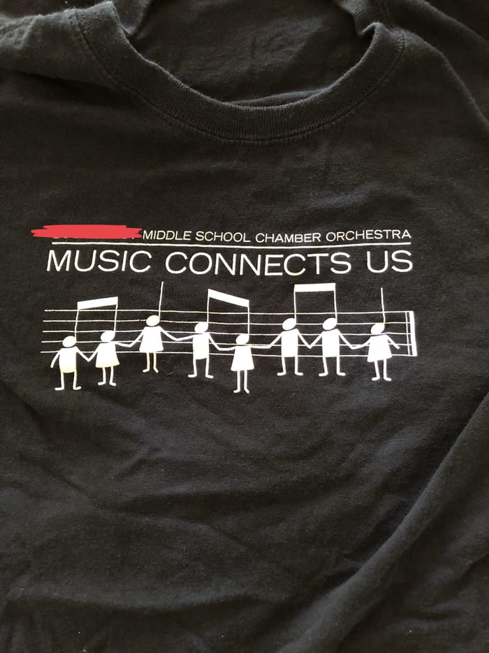 Orchestra teacher's shirt design for students looks as if people are being hanged together