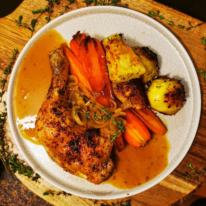 chicken-lyonnaise-with-triple-cooked-potatoes-and-honey-glazed-carrots