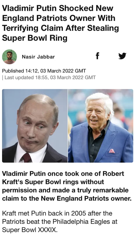 The day Vladimir Putin stole Robert Kraft's New England Patriots Super Bowl  ring