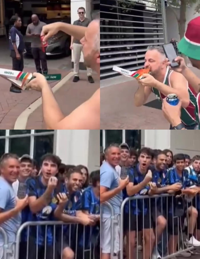 Fluminense fan putting ketchup on pizza in front of Inter Milan fans