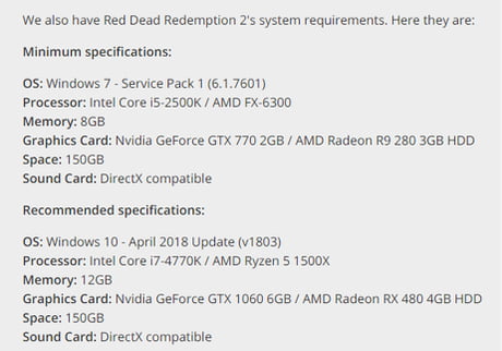 Red Dead Redemption 2 PC System Requirements