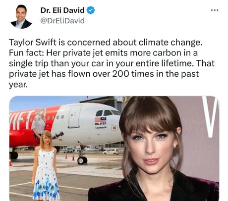 When the top 1% emits more than 100x than the 99%, it doesn't matter what the 99% do. Even if billions of working class died, it wouldn't make a difference to carbon emissions. Taylor Swift isn't even that rich.